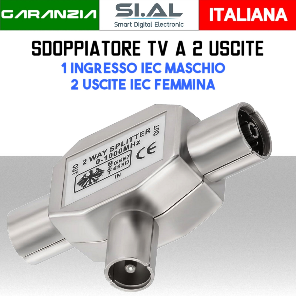 SA0536L Splitter Antenna TV in Metallo 1 IEC maschio 2 IEC femmina