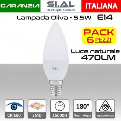 Lampadina LED oliva 5,5W luce naturale  4000k  E14 470 lumen PACK 6pz.