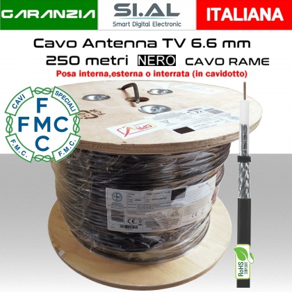 Cavo coassiale antenna TV 6.6 mm da 250 metri coax PVC nero per uso in cavidotti bobina legno conduttore in rame rosso FMC cavi speciali 
