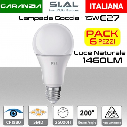 Lampadina LED a goccia 15W luce naturale 4000k E27 1460 lumen PACK 6 PZ.