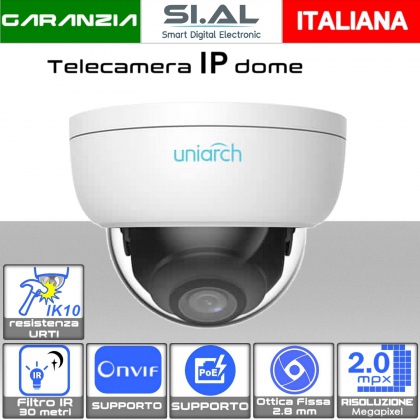 Telecamera IP mini dome 2 megapixel da esterno PoE con ottica fissa da 2.8 mm antivandalo IK10 Uniarch