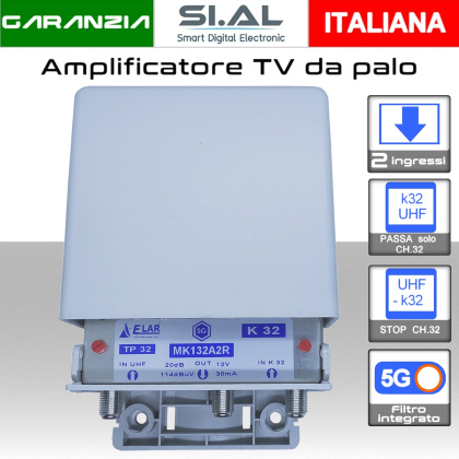 Amplificatore antenna TV 2 ingressi UHF 20dB regolabile blocca passa canale 32 Elar MK132A2R