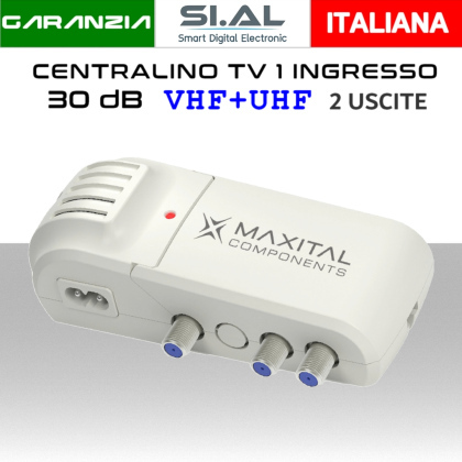 Centralino antenna TV da interno 1 ingresso / 2 uscite BIII-UHF 30dB Maxital TAMVU2-5G