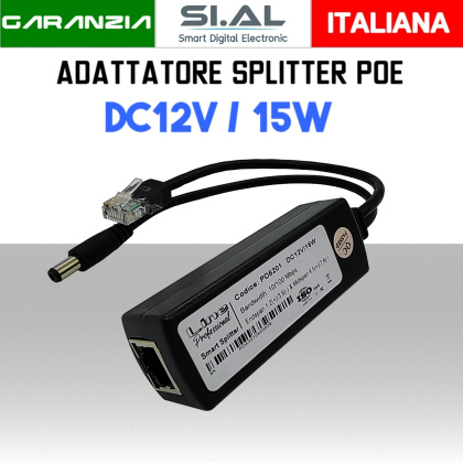 Adattatore splitter PoE per telecamere IP alimentazione 12V DC/15W