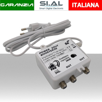 Amplificatore TV UHF da interno 28 dB regolabile autoalimentato 2 out