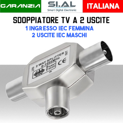 Splitter Antenna TV in Metallo a 2 uscite IEC Maschio | ingresso Spina IEC Femmina