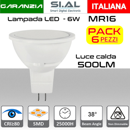 Lampadina LED MR16 GU5.3 luce bianca calda 500 lumen 6W Cover Traslucido PACK 6pz.