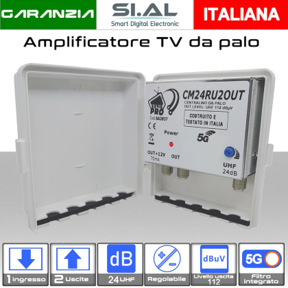 Amplificatore antenna TV 1 ingresso / 2 uscite UHF 24dB regolabile Serie PRO