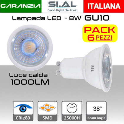Faretto LED GU10 8W Luce calda 1000 Lumen | PACK 6 PZ
