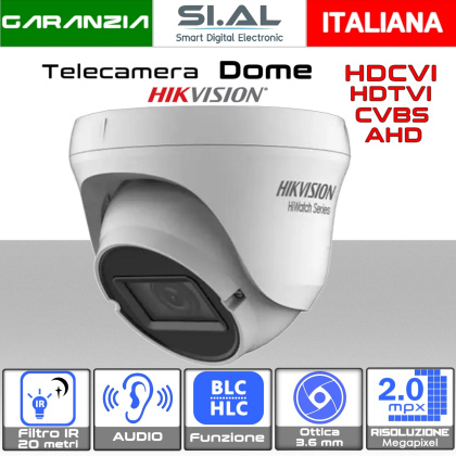 Telecamera Dome 2MP Ottica 3.6 mm analogica 4IN1 Hikvision