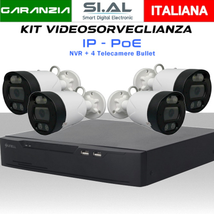 KIT Videosorveglianza NVR PoE 4 telecamere IP Bullet Full Color Sunell