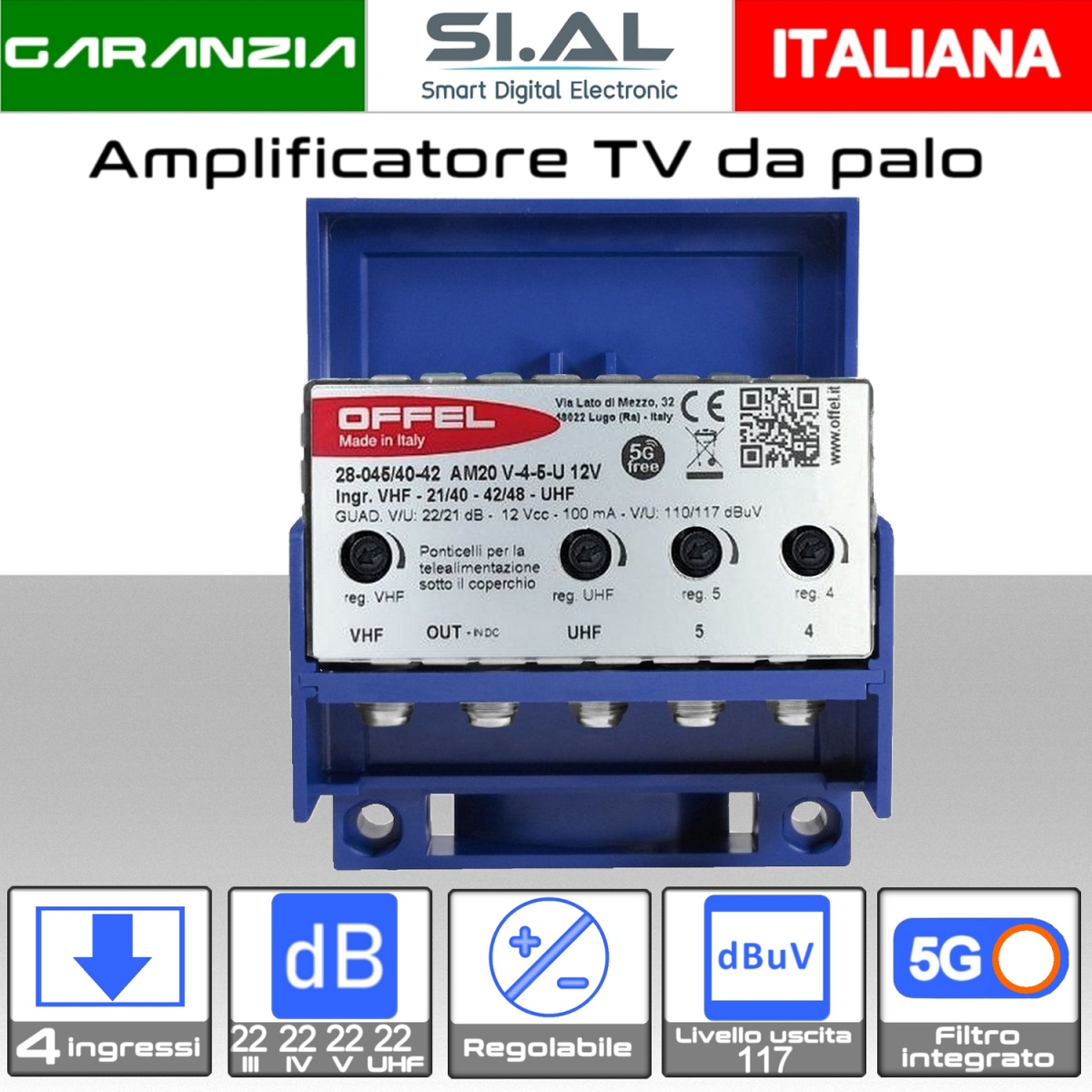 Amplificatore antenna TV 4 ingressi VHF-IV-V-UHF 22dB OFFEL 28-045/40-42