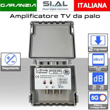 Amplificatore antenna TV 2 ingressi V-IV 35dB regolabile AP3436-35RL
