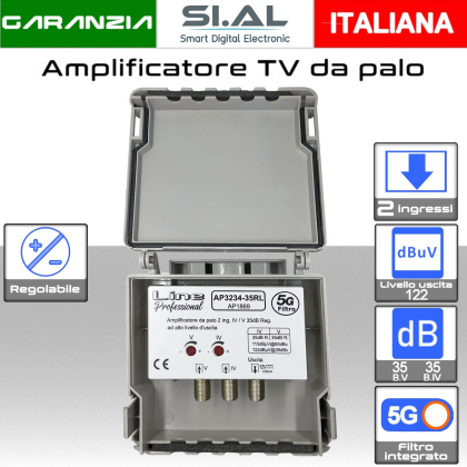 Amplificatore antenna TV 2 ingressi V-IV 35dB regolabile AP3234-35RL