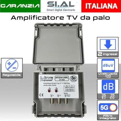 Amplificatore antenna TV 2 ingressi V-IV 25dB regolabile AP3234-25RL