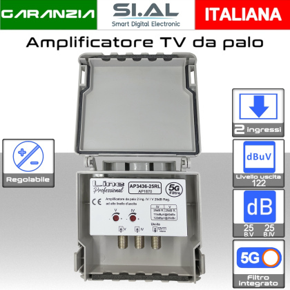 Amplificatore antenna TV 2 ingressi V-IV 25dB regolabile AP3436-25RL