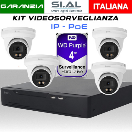 KIT videosorveglianza NVR PoE 4 telecamere Turret Full Color 