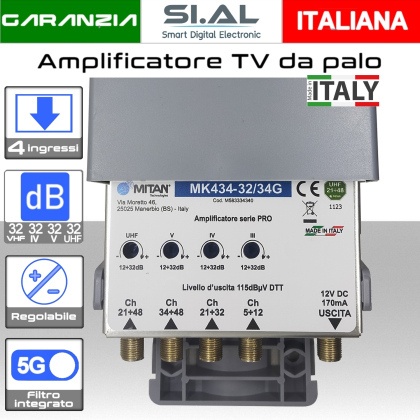 Amplificatore antenna TV 4 ingressi VHF-IV-V-UHF 32dB Mitan MK434-32/34