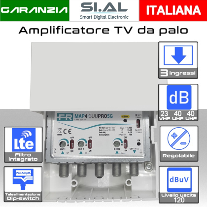 Amplificatore antenna TV 3 ingressi VHF-UHF-UHF 40dB regolabile Fracarro MAP 223770 