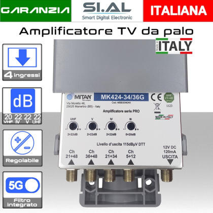 Amplificatore antenna TV 4 ingressi VHF-IV-V-UHF 22dB Mitan MK424-34/36