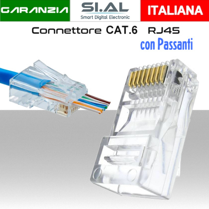 Connettore RJ45 CAT.6 passante per cavi Ethernet LAN conf.100pz.Box