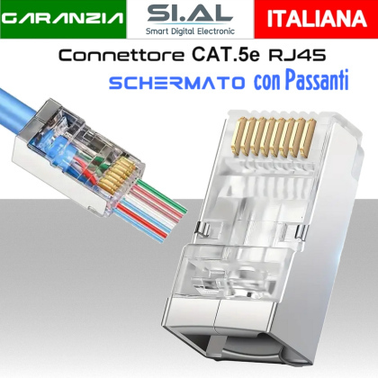 Connettore RJ45 CAT.5E schermato passante per cavi Ethernet LAN conf.100pz.Box