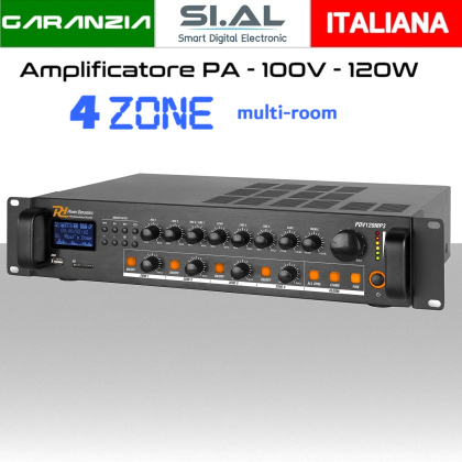 Amplificatore audio 120W bluetooth radio mp3 sistema audio 4 zone (100V)