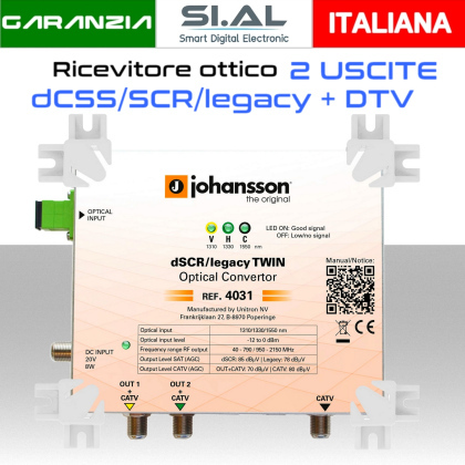 Ricevitore Ottico 2 uscite SAT SCR/dCSS/Legacy con DVB-T/T2 Johansson 4031