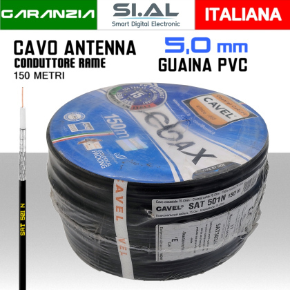 Cavo antenna TV 5 mm da 150 metri Rame e PVC nero Cavel SAT501N