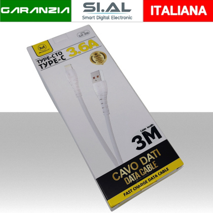 Cavo USB-C da 3.6A per ricarica rapida antipiega 3 metri Bianco