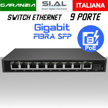 Switch Ethernet PoE in fibra ottica 9 Porte Lan Gigabit Uplink 1 Slot SFP
