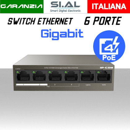 Switch PoE  4 Porte RJ45 Long Range - QoS con 2 Uplink | 58W IP-COM F1106P