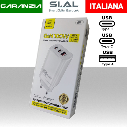 Caricatore USB 3 Porte (2x USB-C, 1x USB-A) GaN Fast Charge 100W universale