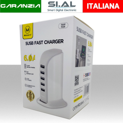 Caricatore USB 5 Porte Fast Charger salvaspazio da tavolo 5V 6A 30W 