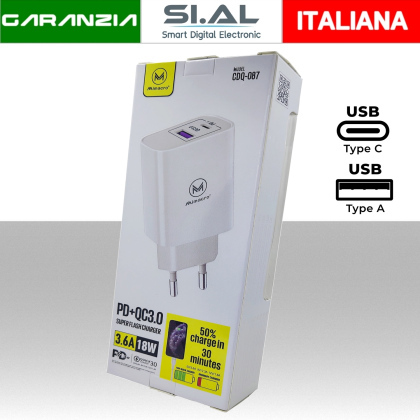 Caricatore USB 2 porte PD-QC3.0 (USB-C USB-A) PD-QC3.0  Fast Charge 18W/5V/3.6A 