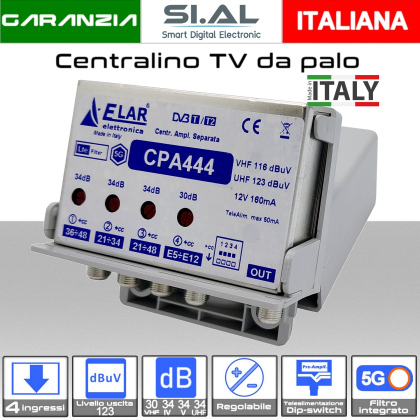 Centralino TV da palo 4 ingressi BIII-IV-V-UHF ( 34/36 ) 34dB serie Elar CPA444
