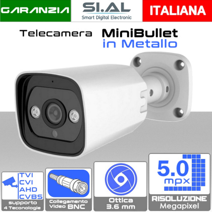 Telecamera 5MP AHD Mini Bullet Metallo IP67 - Ottica 3.6mm 