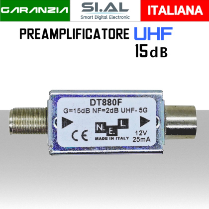 PreAmplificatore UHF 15dB da interno ad innesto Filtro 5G | DT880F
