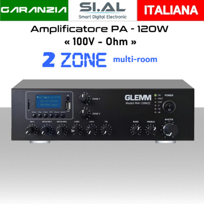 Amplificatore audio 2 zone 120W (100V/Ohm) bluetooth radio mp3 | GLEMM PAA 120M2Z