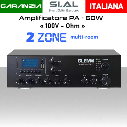 Amplificatore audio 2 zone 60W (100V/Ohm) bluetooth radio mp3 | GLEMM PAA 60M2Z