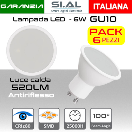 Faretto LED GU10 6W Luce Calda 520 Lumen Antiriflesso Satinato | PACK 6 PZ