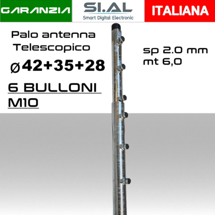 Palo antenna telescopico 6 metri tubi infilati Ø 42-35-28 mm spessore 2.0 mm zincato a caldo Bulloni M10