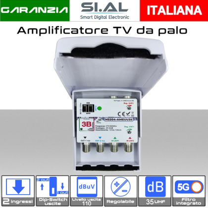 Amplificatore Antenna TV 2 Ingressi UHF (35 dB Regolabili) 2 Uscite con Dipswitch | Modello M5204