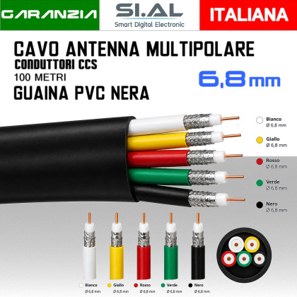 Cavo Antenna TV Multipolare 5 Coassiali 6,8mm colorati - Bobina 100m