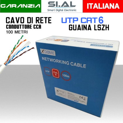 Cavo Ethernet LAN CAT.6 UTP conduttore in CCA guaina LSZH 100 metri
